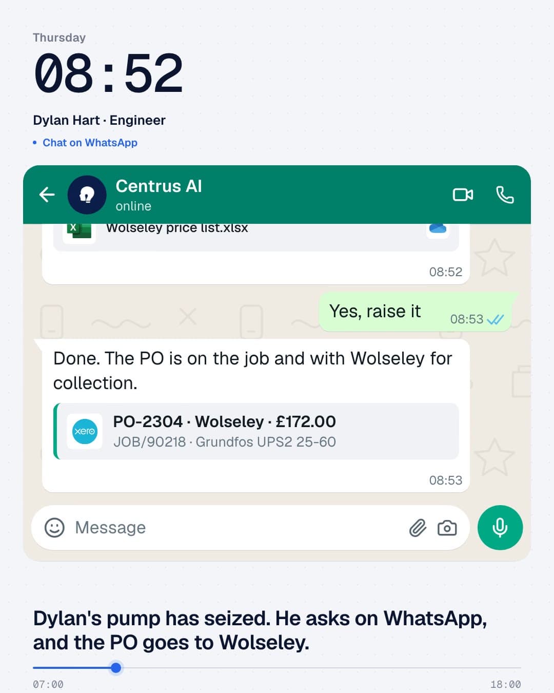 Tuesday at Ridgeway Electrical, 08:52. Dylan Hart asks Centrus on WhatsApp for a pump from Wolseley, and the purchase order goes on the job.